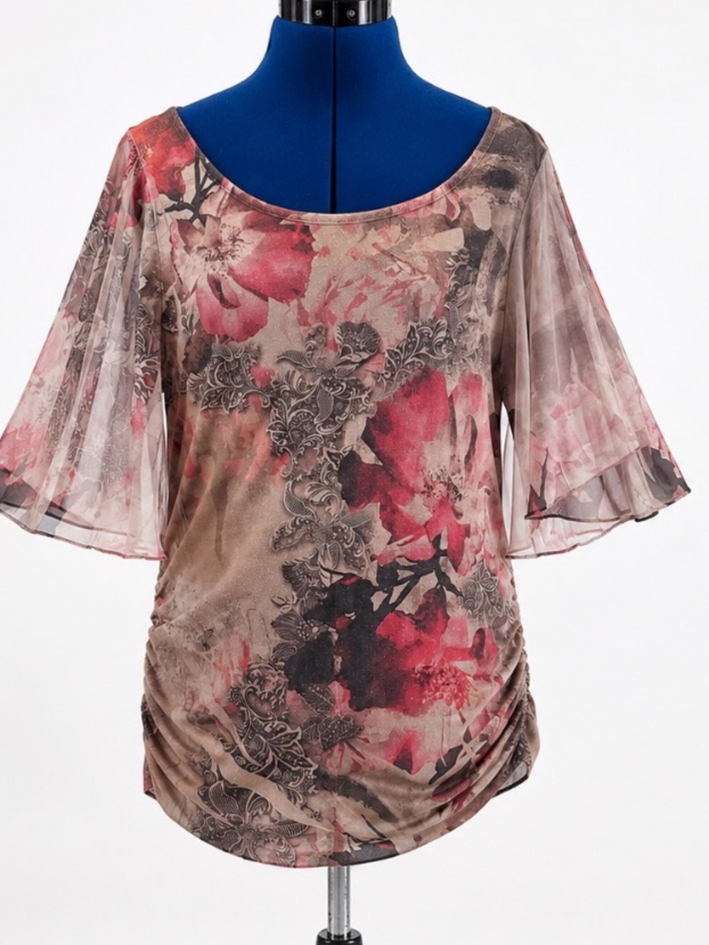 Espresso Floral Ruched Blouse Top 1XL Sheer Bell Sleeve Boho